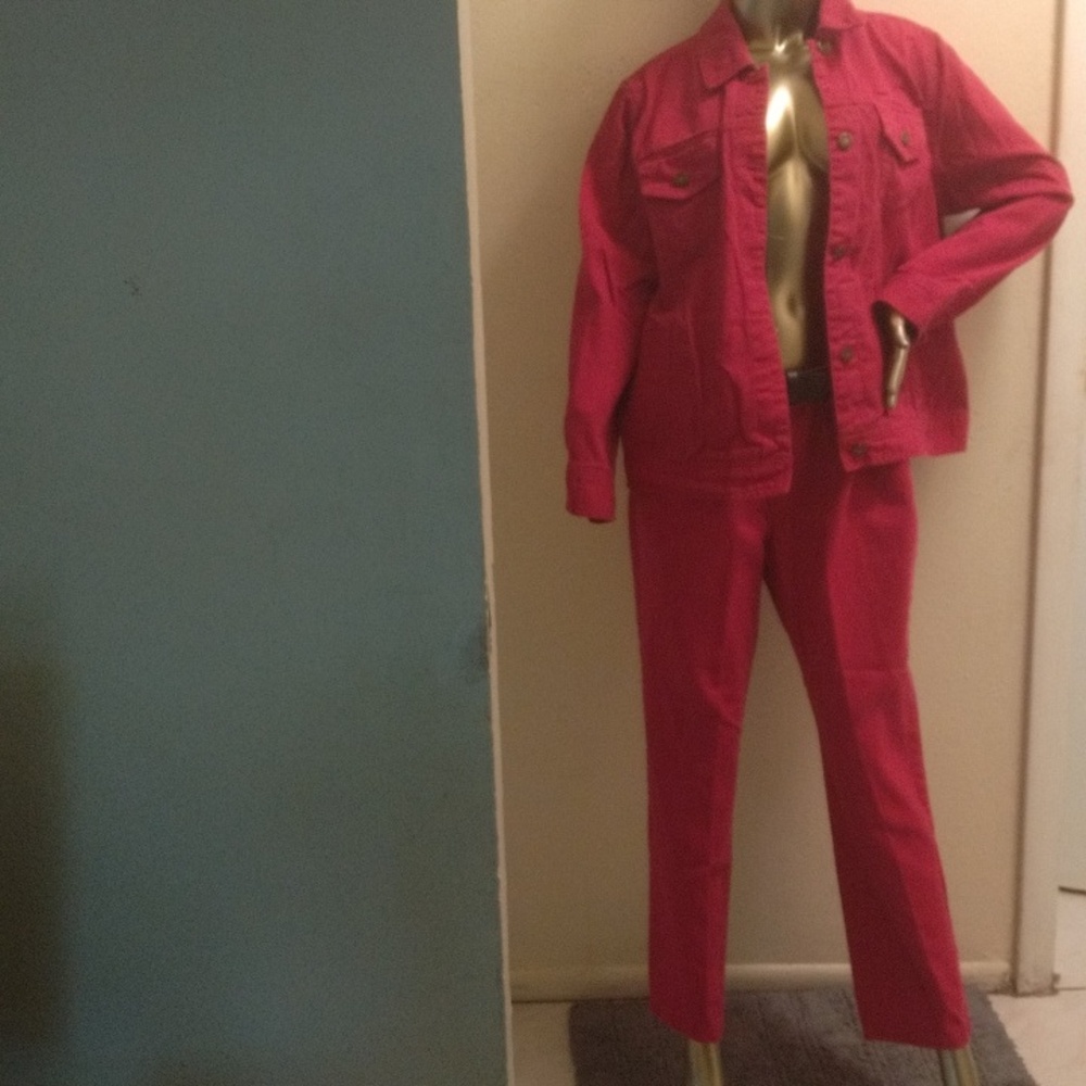 Jessica London denim two-piece red pants jacket set